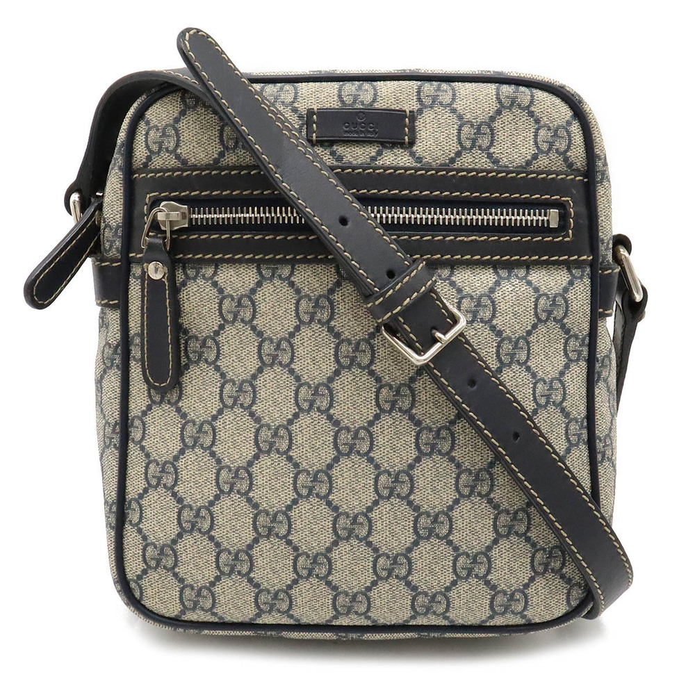 Gucci GG Plus Supreme Crossbody Bag Leather Navy Blue Beige Cream